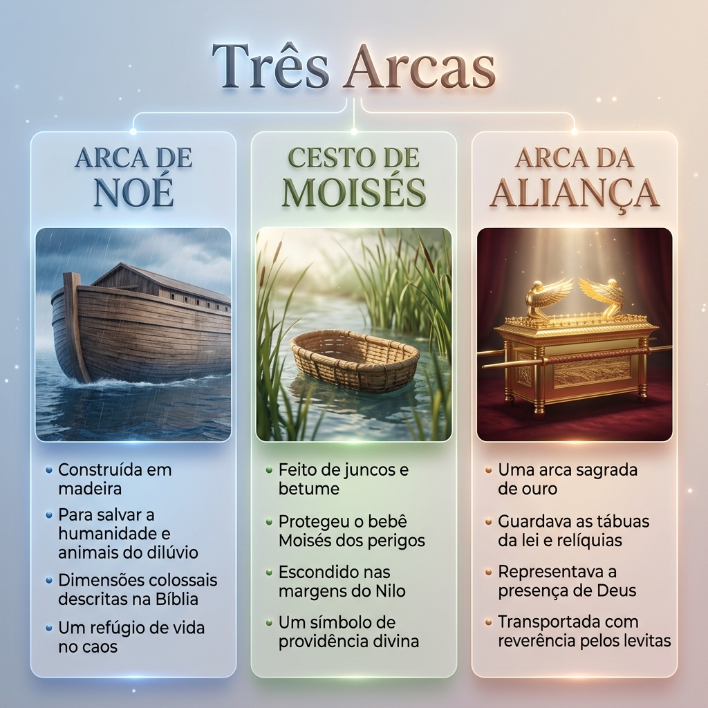 Comparação visual entre a Arca de Noé, o cesto de Moisés e a Arca da Aliança