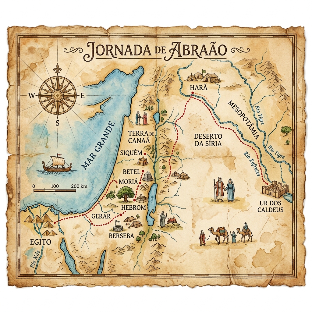 Mapa ilustrado em português da jornada de Abraão, de Ur dos Caldeus até Canaã, passando por Harã, Siquém, Hebrom e Egito