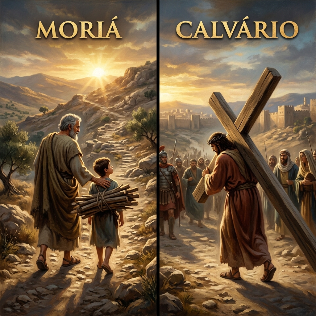 Infográfico tipológico: Isaque carregando a lenha no monte Moriá à esquerda, Cristo carregando a cruz no Calvário à direita — a mesma cena separada por dois milênios
