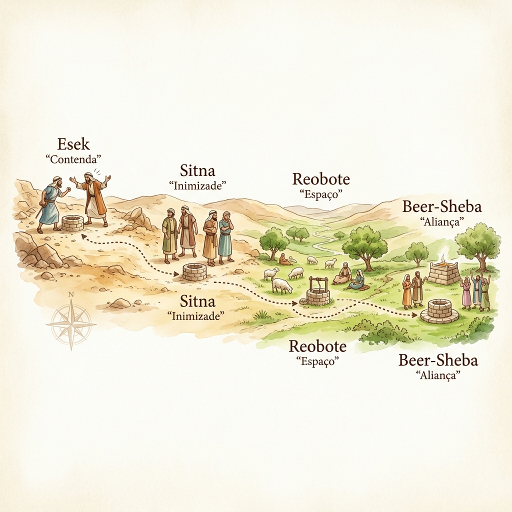 Mapa ilustrado da jornada de Isaque pelos poços: Eseque → Sitna → Reobote → Berseba