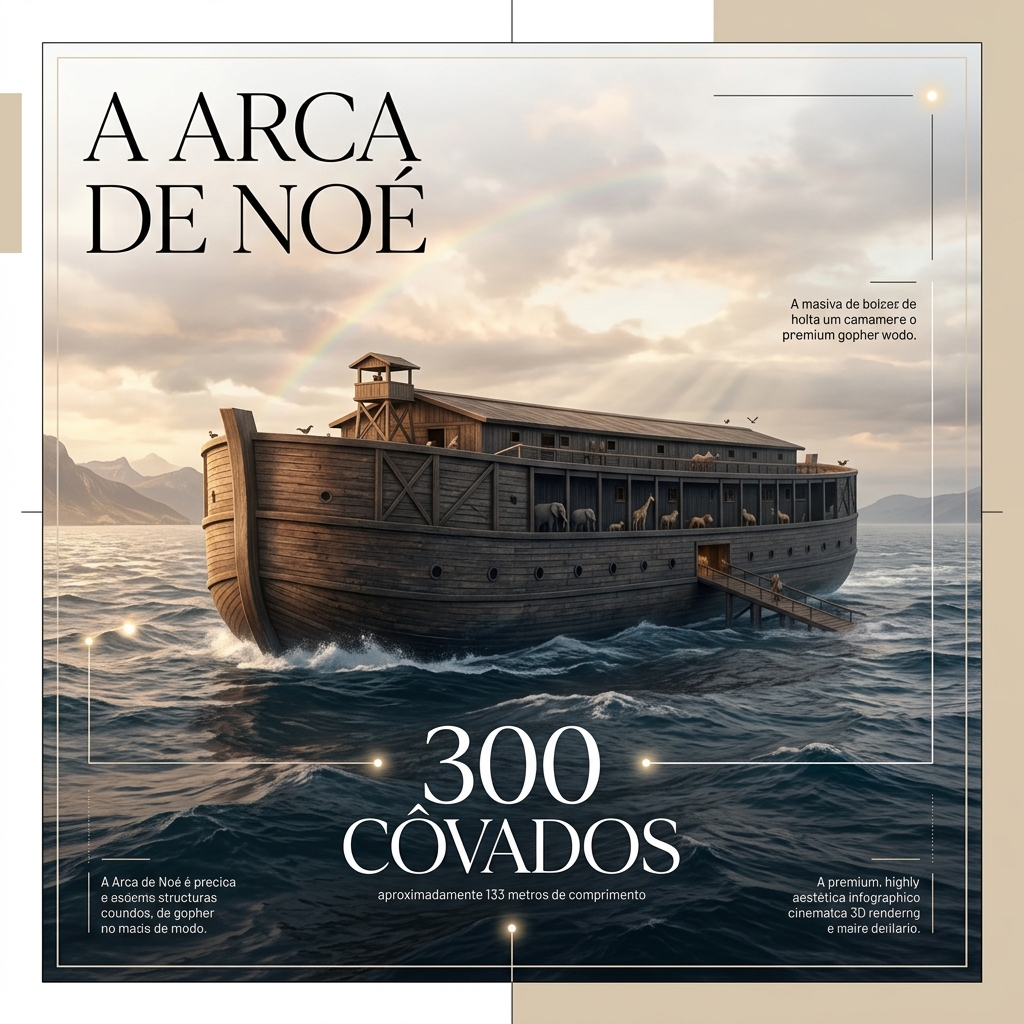 Infográfico ilustroso da Arca de Noé com as dimensões bíblicas